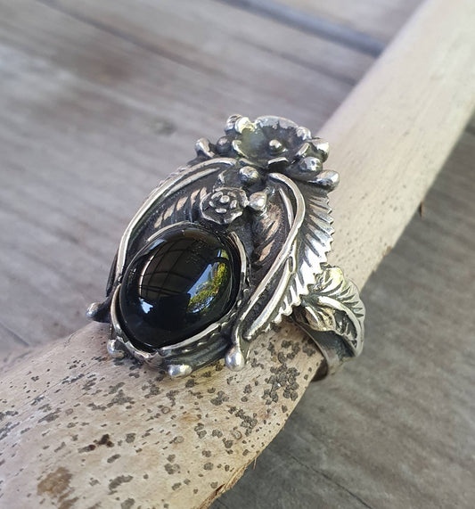 Onyx long ring,sterling silver,Navajo Indian style,black stone ring,flower,leaf,boho,gypsy,tribal,handmade,women's fashion