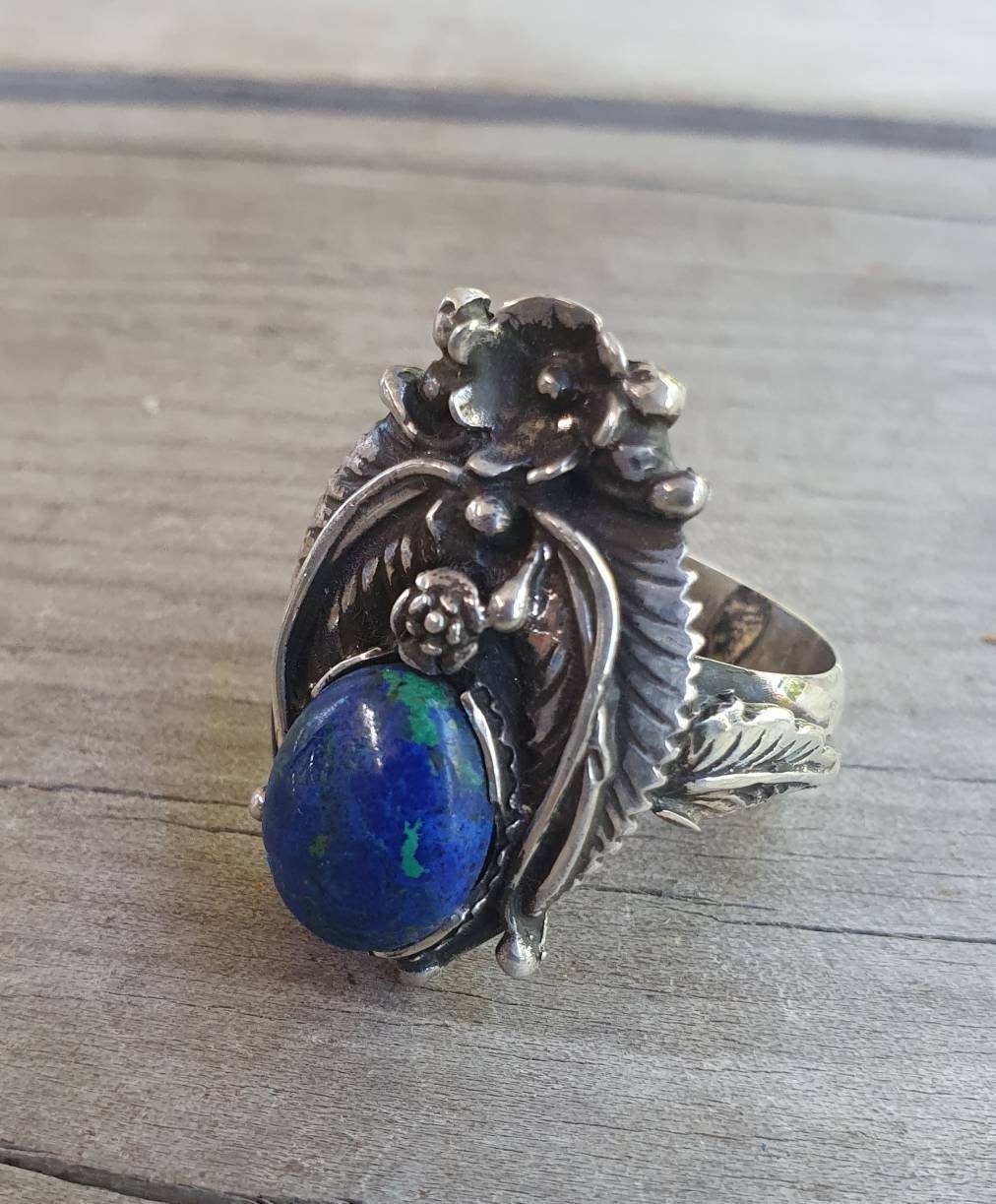 Azurite long ring,sterling silver,Navajo Indian style,black stone ring,flower,leaf,boho,gypsy,tribal,handmade,women's fashion