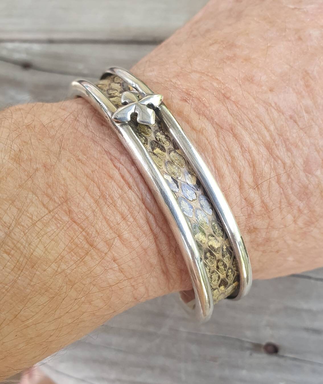 Snake skin cuff bracelet,sterling silver,cross bangle,tribal,unisex,boho,handmade