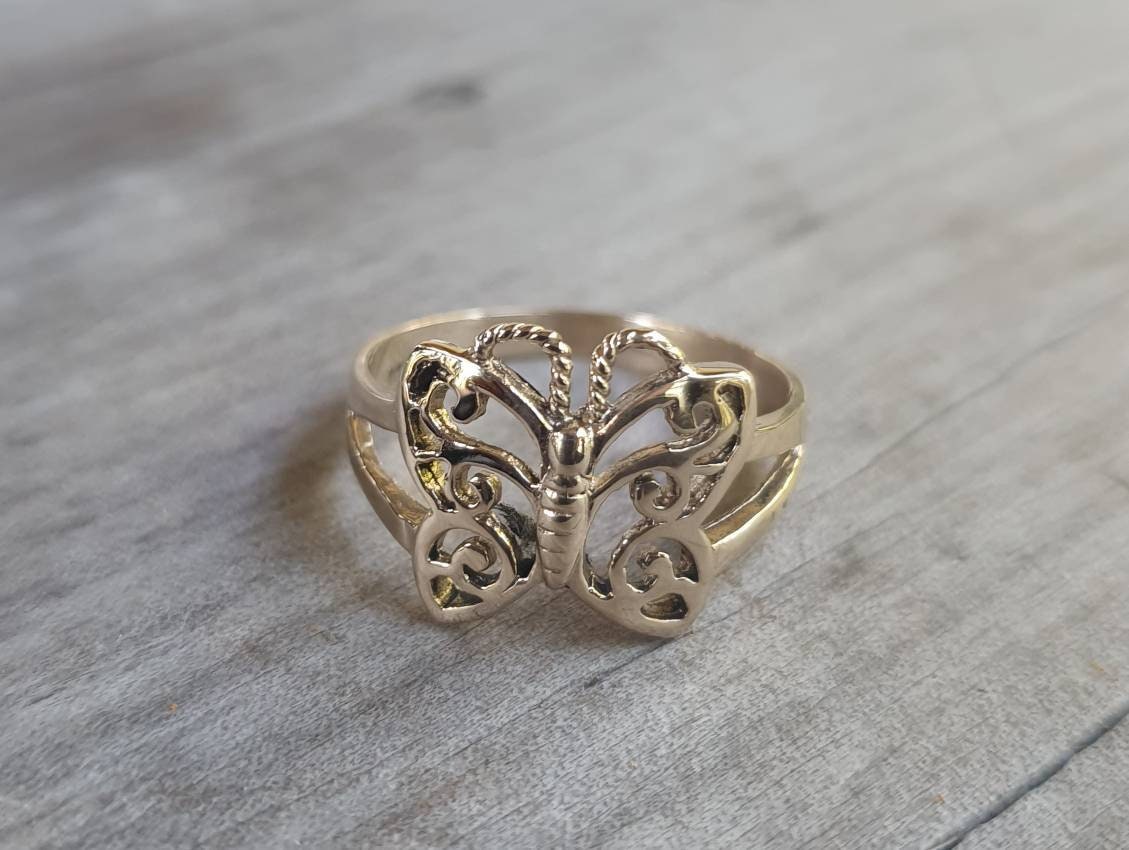 gold butterfly ring,solid 9ct gold,handmade,filegree,boho,goddess,woodland,art nouveau,vintage,