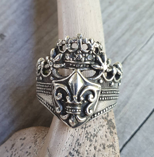 fleur de lis ornate crown ring,sterling silver,steampunk victorian ring