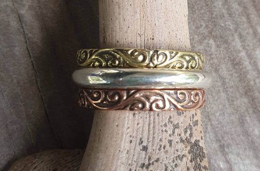 stackers,decorative vintage style band, sterling silver,copper,brass,handmade,boho vintage scroll,Victorian pattern ring,