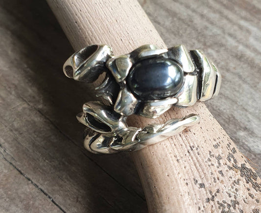 Scorpian ring, sterling silver,hematite gun metal stone,zodiac,starsign ring,