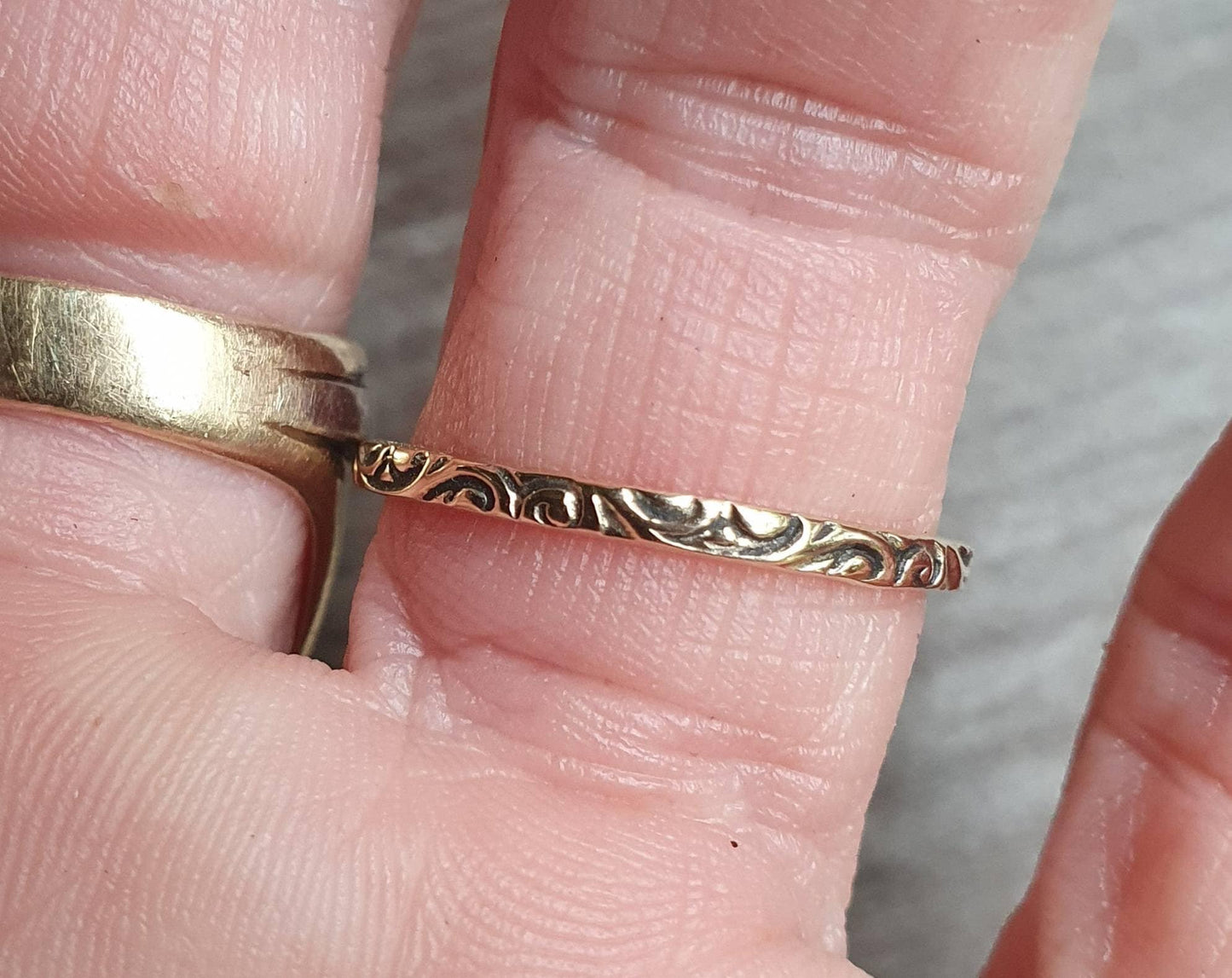 gold ring ,solid 9k gold,2mm Stackerable ring,thin vintage solid gold band design,fine and danity,victorian scroll,boho,pinkie ring