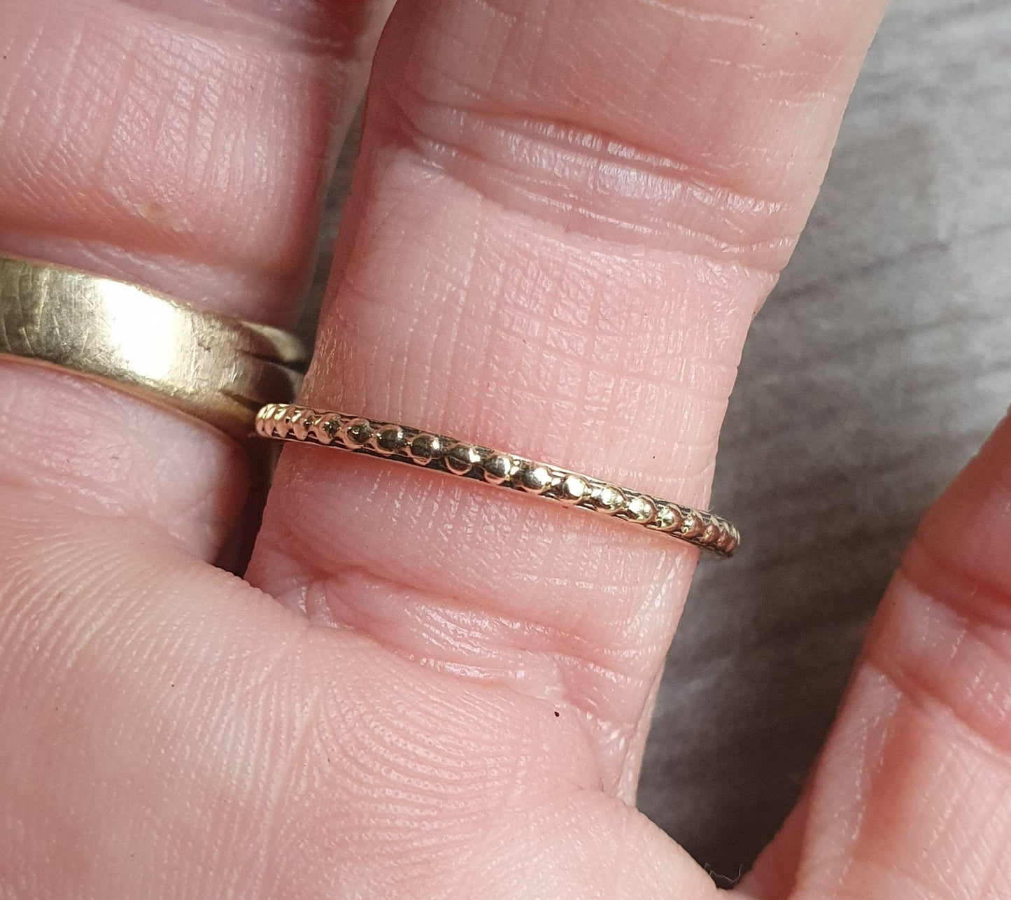 9ct/ 9k gold Stackerable ring,thin solid gold band,fine and danity bead pattern,boho,pinkie ring