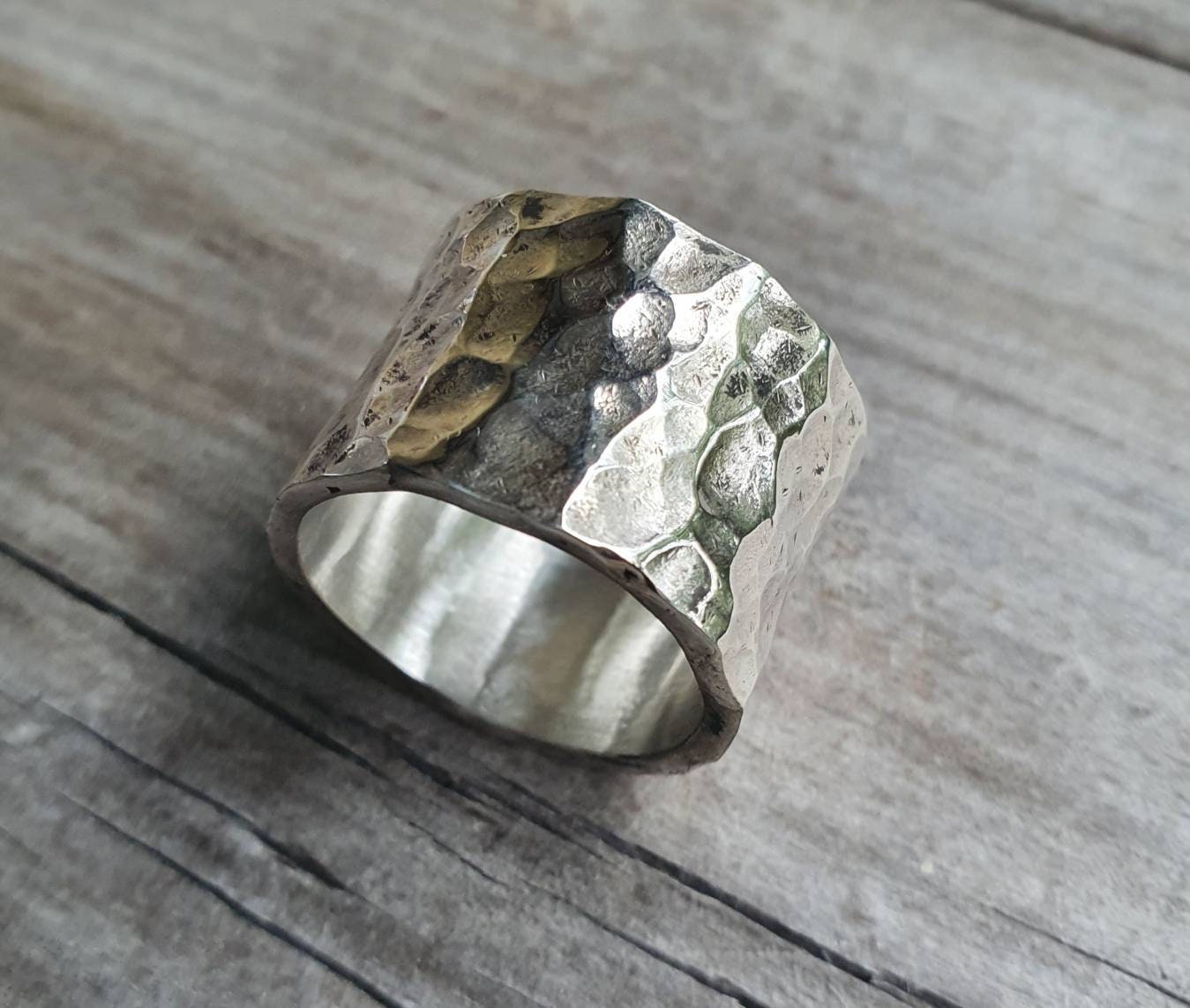 Wide silver ring,hammered sterling silver,heavy rustic,unisex band,thumb ring,handmade,wedding  ring,distressed,industrial ring,nugget,boho