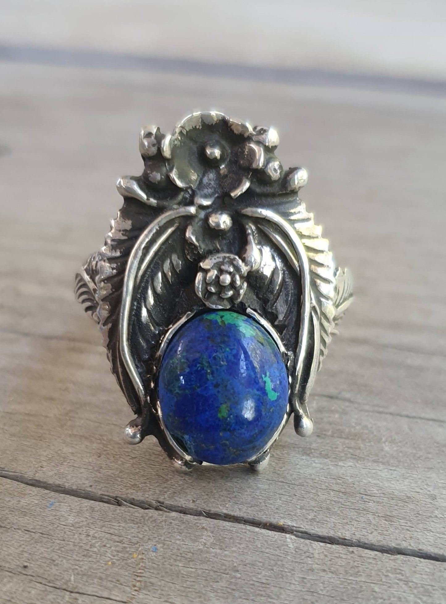 Azurite long ring,sterling silver,Navajo Indian style,black stone ring,flower,leaf,boho,gypsy,tribal,handmade,women's fashion