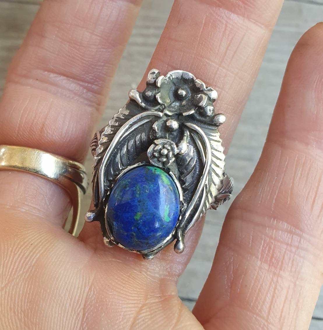 Azurite long ring,sterling silver,Navajo Indian style,black stone ring,flower,leaf,boho,gypsy,tribal,handmade,women's fashion