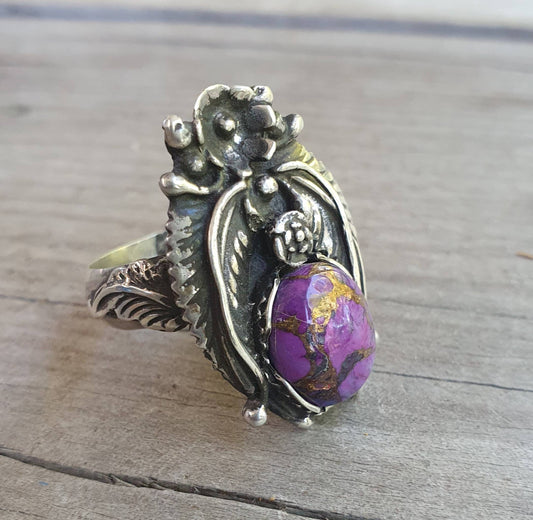 Moshave long ring,purple copper turquoise,sterling silver,Navajo Indian style,flower,leaf,boho,gypsy,tribal,handmade,women's fashion