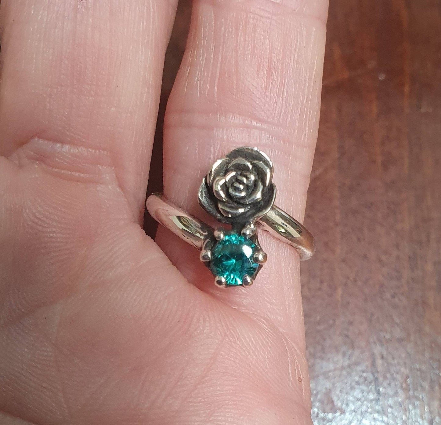 rose ring,teal cubic zirconia,sterling silver,hand made,retro, steampunk, gothic, art nouveau ,victorian,boho,gypsy,flower,