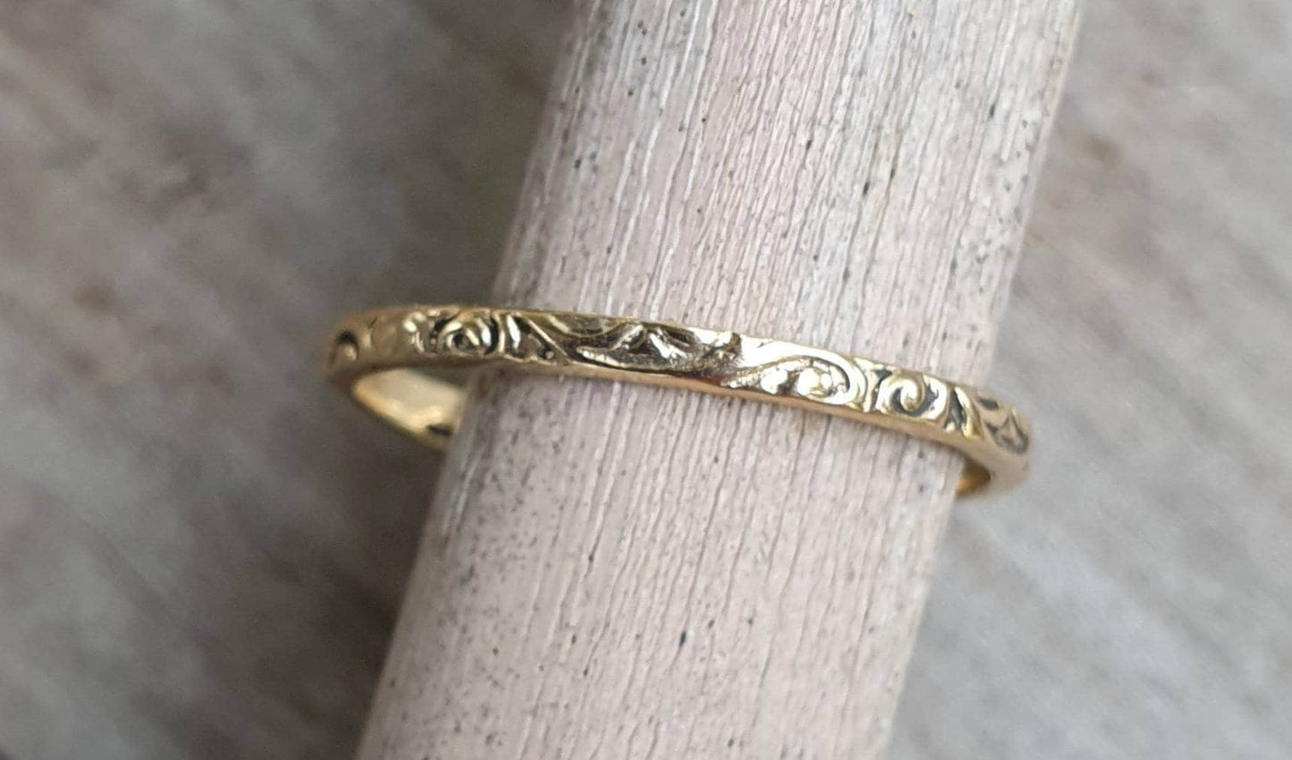 gold ring ,solid 9k gold,2mm Stackerable ring,thin vintage solid gold band design,fine and danity,victorian scroll,boho,pinkie ring