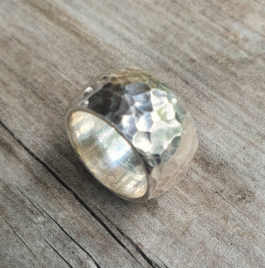 Chunky ring,12mm Wide band,heavy,sterling silver,rustic, hammered, wedding,dress ring,handmade,half round,vintage,rough band,boho,steampunk