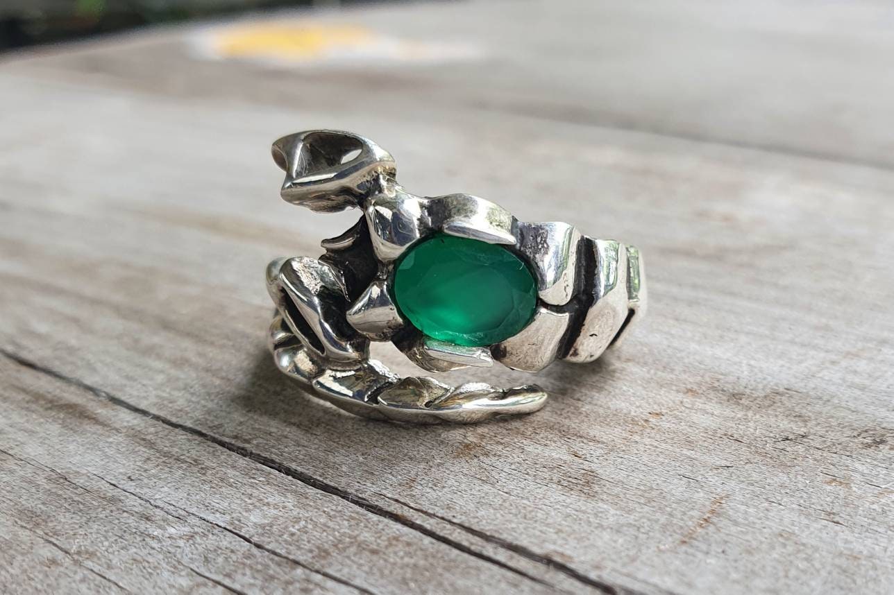 Scorpian ring, sterling,green onyx stone,zodiac,starsign ring,