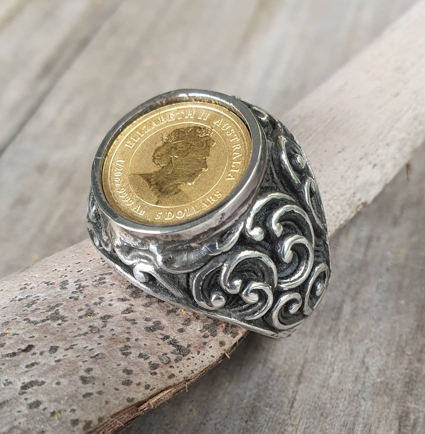 Coin ring,1/20 onze gold coin 2012 ,year of the dragon ,Perth mint, set in sterling silver chunky ring,boho,handmade, retro ring,modern,