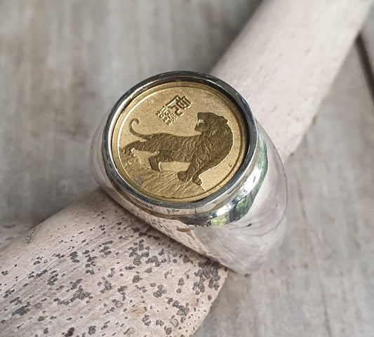 Coin ring,1/20 onze gold coin 2022 ,year of the tiger ,Perth mint, set in sterling silver chunky ring,boho,handmade, retro ring,modern,