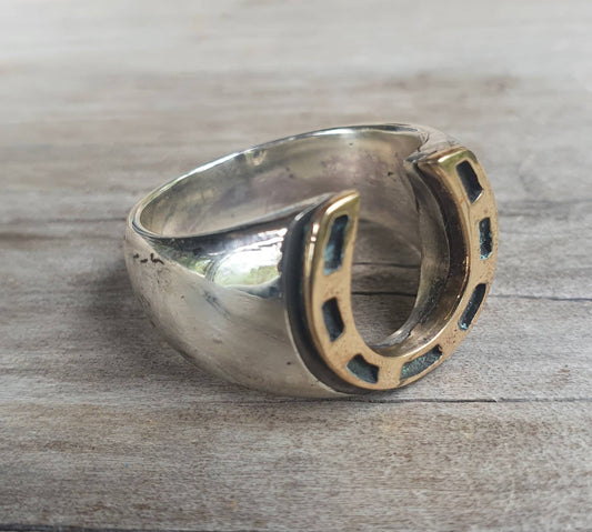 horseshoe ring,9ct &sterling silver,two tone,lucky ring,mixed metal, handmade,rockabillyhipster,boho shic,gypsy,goddess,new age,mens fashion