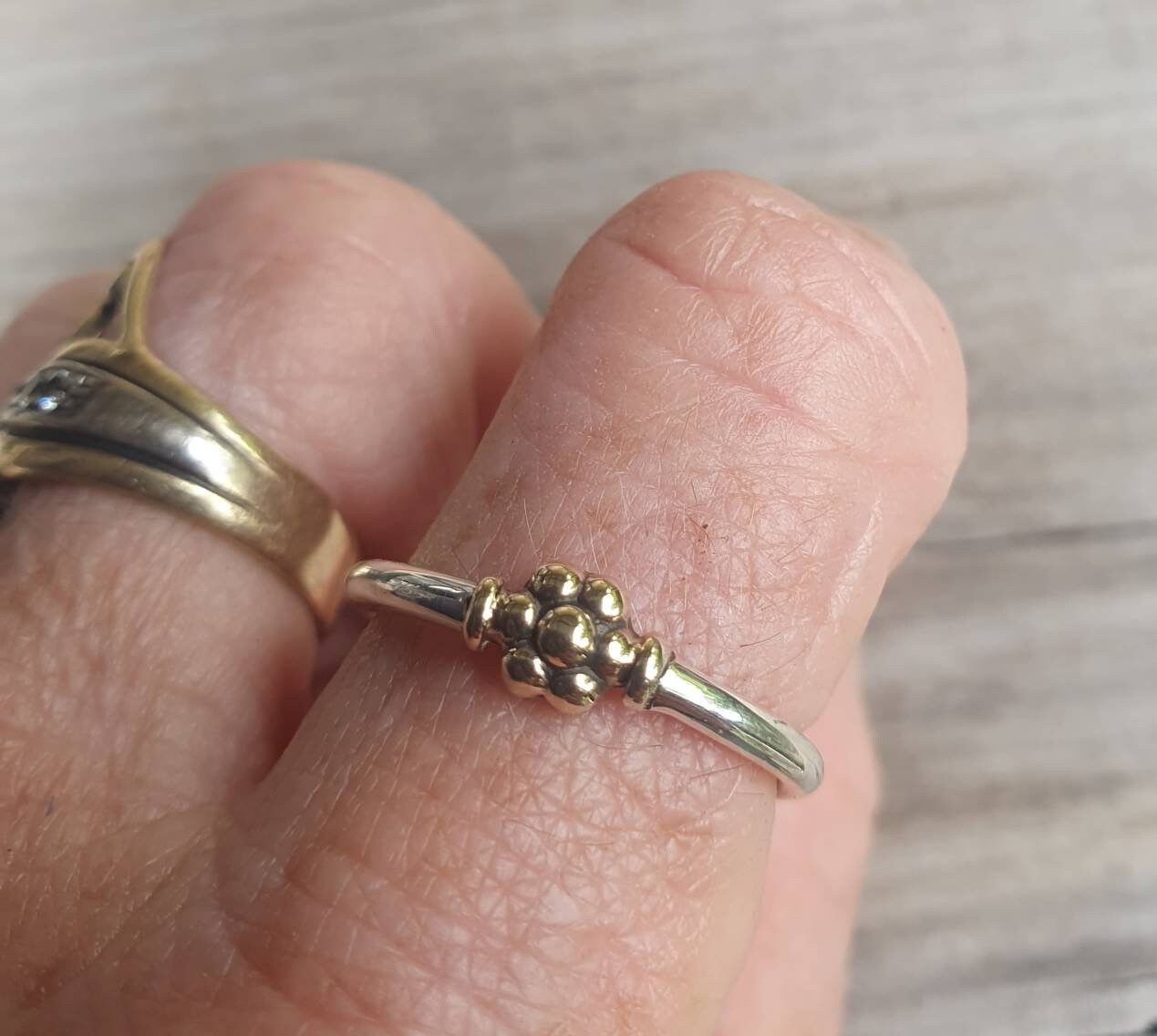 Two tone flower stacking ring,solid 9k gold and sterling silver,thin stacker ring,