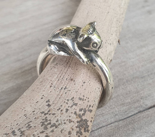 Koala bear ring, sterling silver, bear ring,3mm halo band.