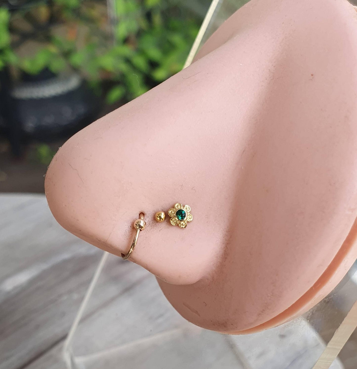 Gold flower nose stud,crystal,solid 18ct gold,crystal gem,20 gauge,nose curl, L shape,handmade