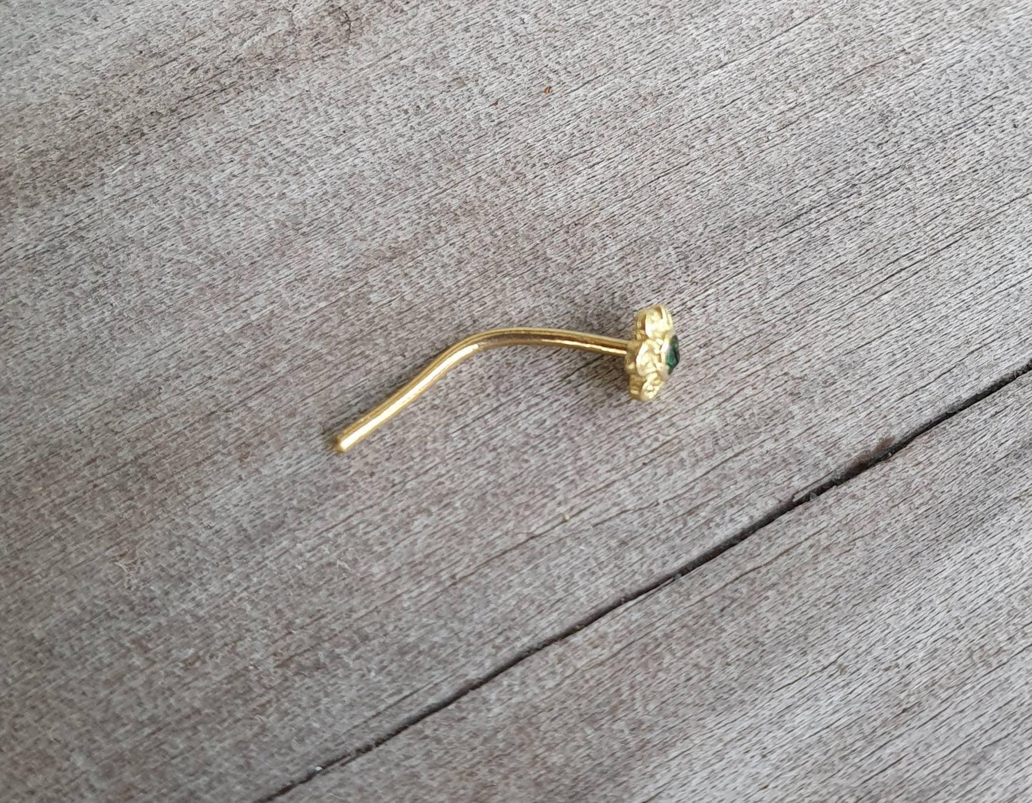 Gold flower nose stud,crystal,solid 18ct gold,crystal gem,20 gauge,nose curl, L shape,handmade