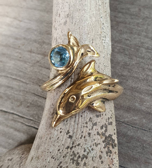 gold dolphin ring,9k gold, blue topaz,beautiful detail,porpous surf wrap around adjustable ring