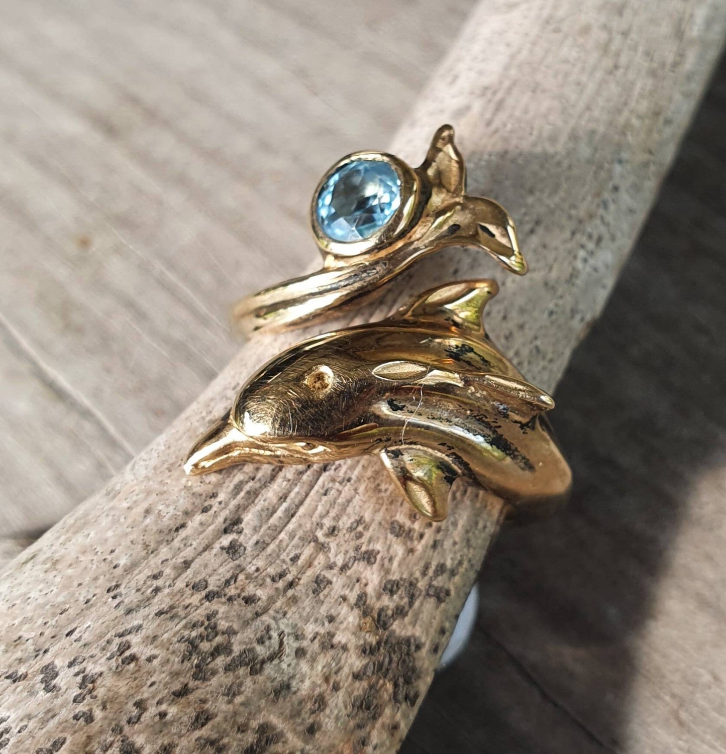 gold dolphin ring,9k gold, blue topaz,beautiful detail,porpous surf wrap around adjustable ring