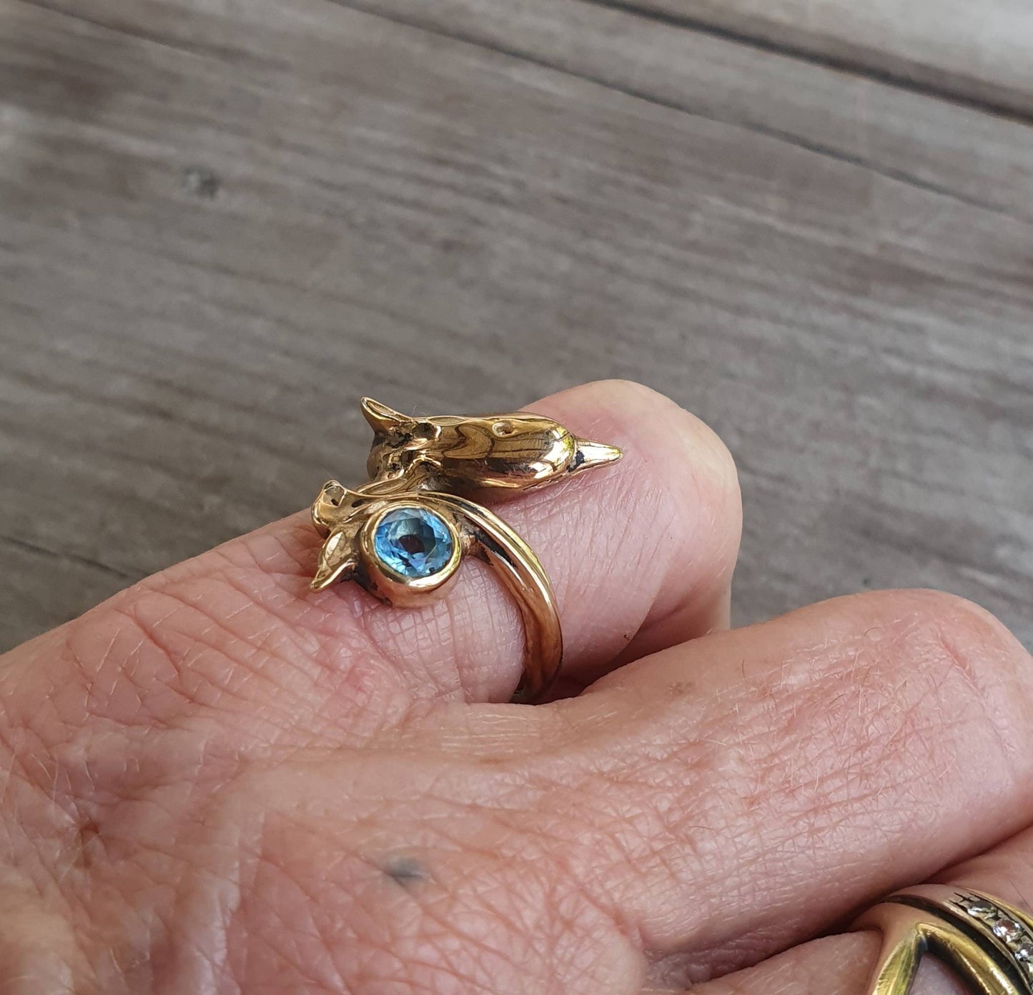 gold dolphin ring,9k gold, blue topaz,beautiful detail,porpous surf wrap around adjustable ring