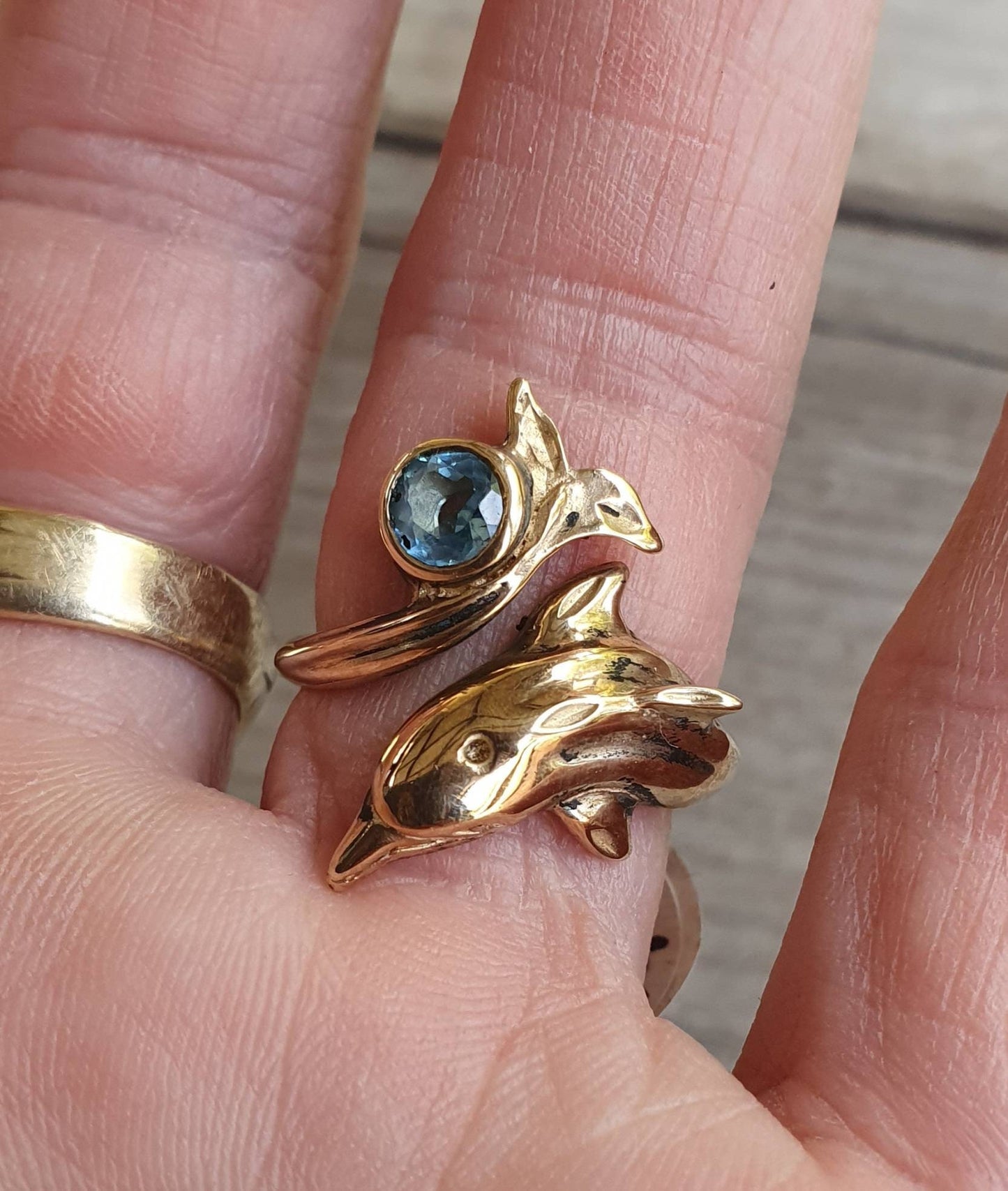 gold dolphin ring,9k gold, blue topaz,beautiful detail,porpous surf wrap around adjustable ring