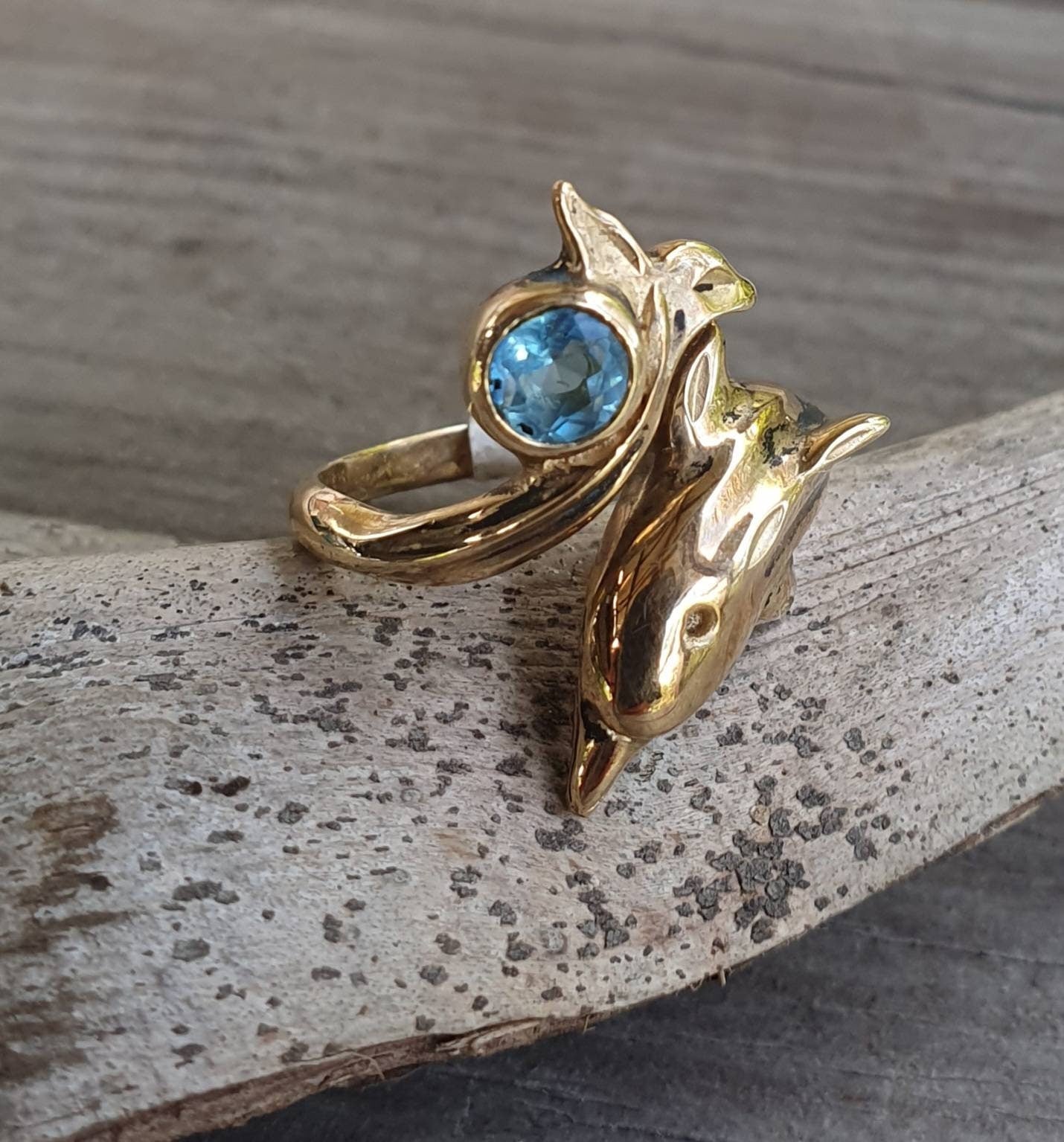 gold dolphin ring,9k gold, blue topaz,beautiful detail,porpous surf wrap around adjustable ring