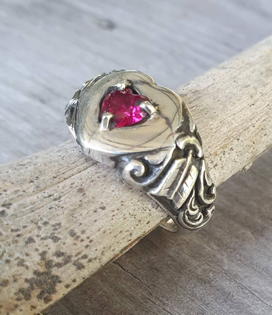 heart ring,red cz,Sterling silver,cubic zirconia,cupid arrows,vintage steampunk,signet,art nouveau,handmade,boho,hipster,goddess,scroll,