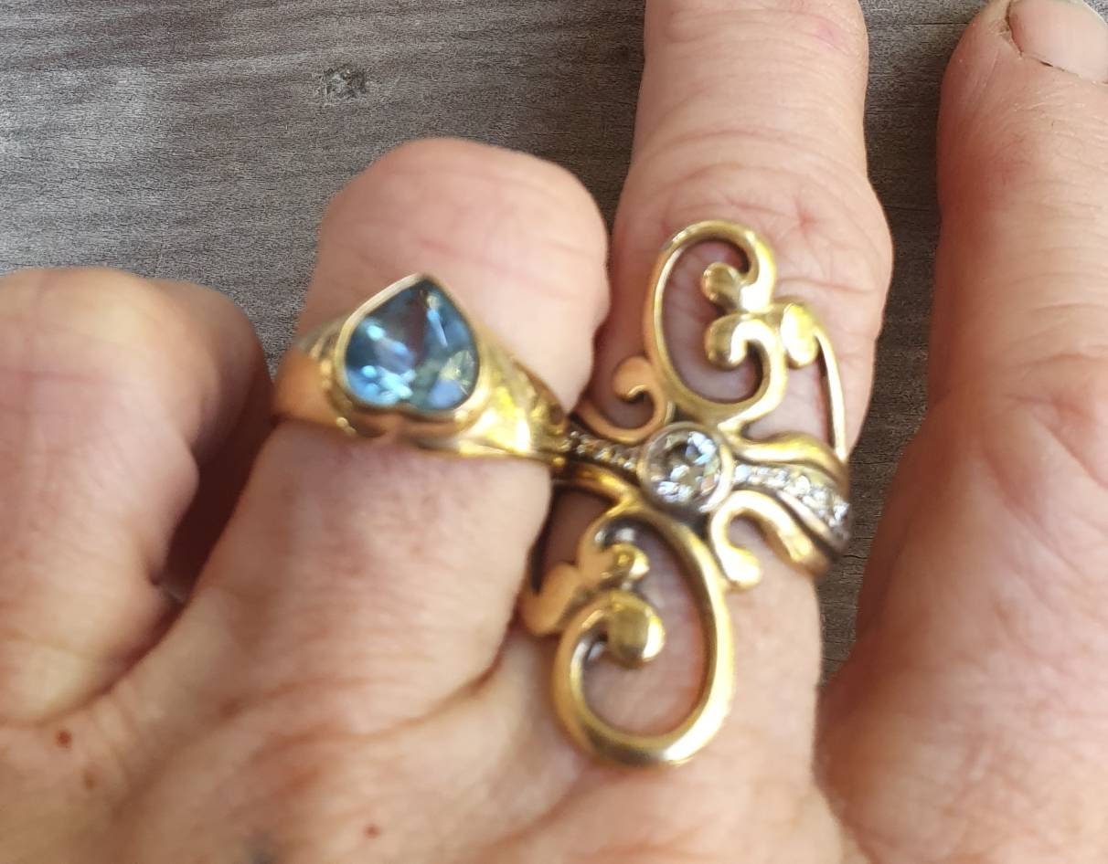 Gold heart ring,blue topaz,9k gold /9ct gold,cupid love,art nouveau,handmade,boho,goddess,