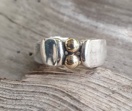 Two tone ring,9k ball ring,sterling silver band,mixed metal ball ring,silver&gold wedding,boho,handmade,retro,steampunk,designer,bespoke