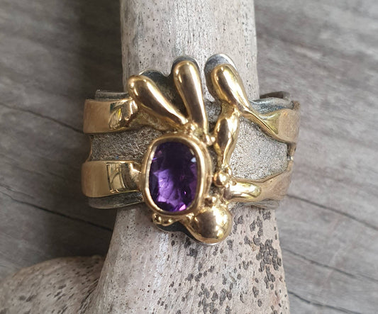 9k gold and sterling silver ring,two tone amethyst ring,handmade freeform designer band, alternative gothic art nouveau victorian