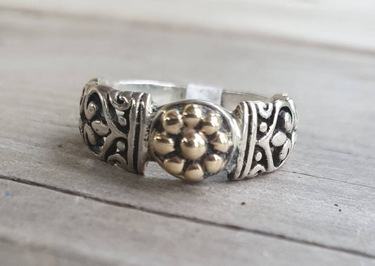 Filegree ring,two tone,9k gold and sterling silver,vintage,flower,boho,handmade,gypsy,goddess,women fashion