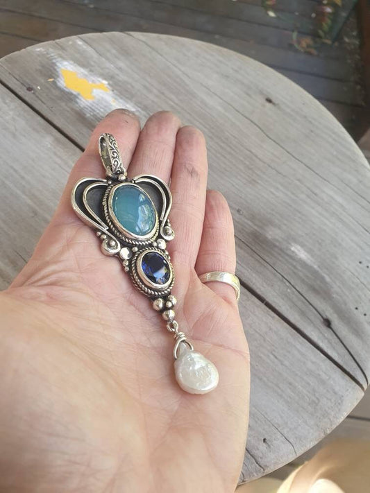 Large gemstone stone pendant,solid sterling silver 41 gms,blue stones freshwater pearl,handmade,vintage.goddess,scrolly,boho,choker,bridal,