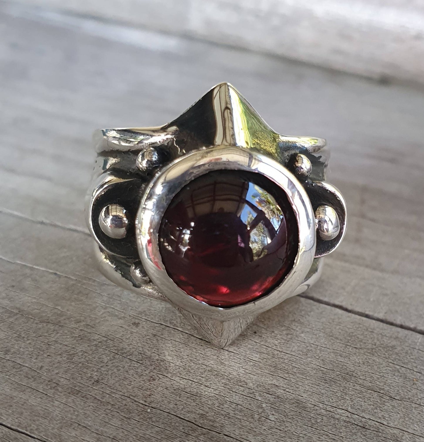 Garnet chunky ring,sterling silver,large garnet cabachon,unisex ring,wedding ring,boho,gemstone ring,handmade, retro,signet,