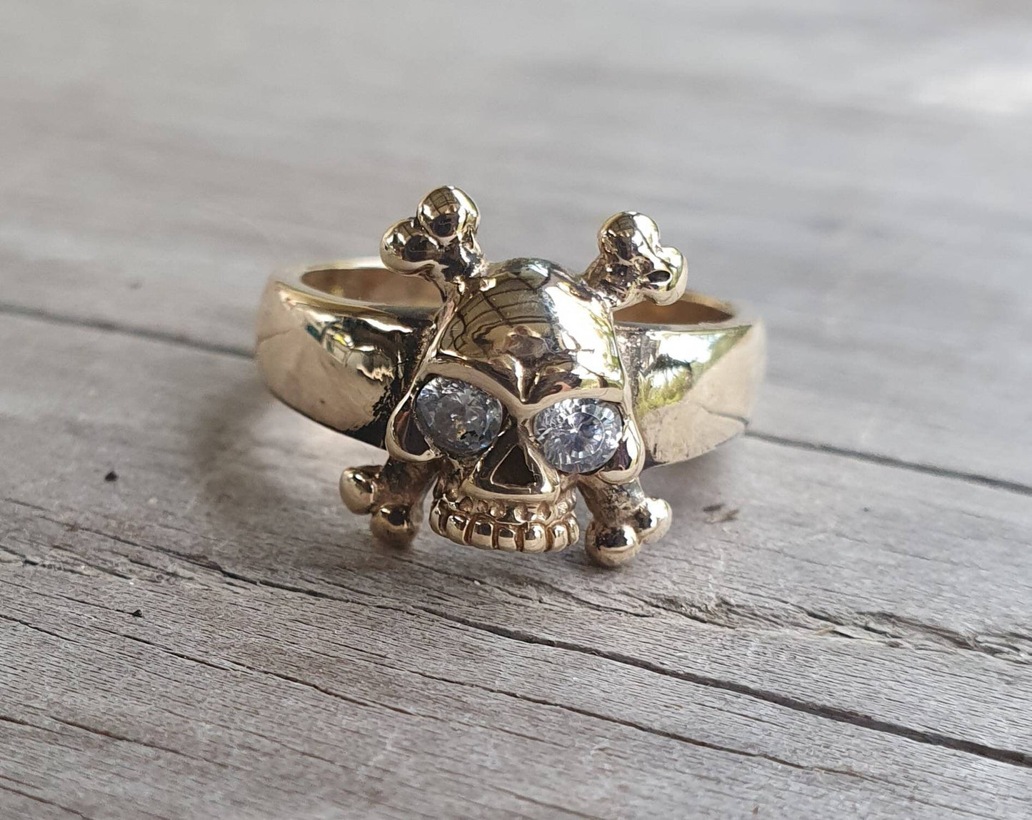 9k gold Skull ring,skull & cross bone ring,cz eyes,alternative steampunk gothic punk pirate