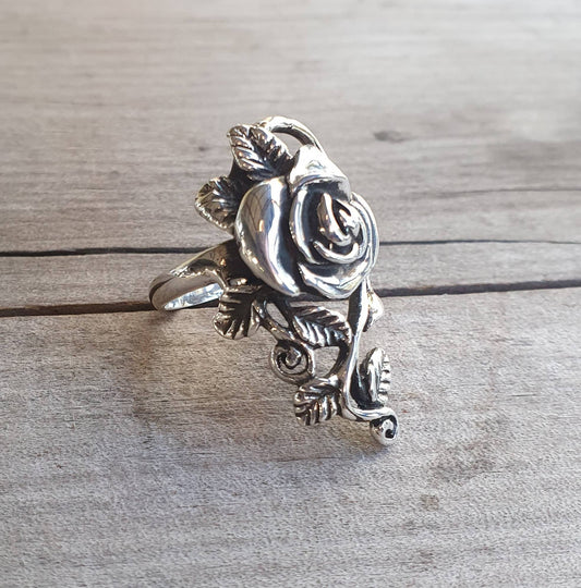 Long rose ring ,sterling silver, alternative,steampunk,gothic, art nouveau,Victorian,hand made,flower,goddess,boho gypsy,organic,Rose tattoo