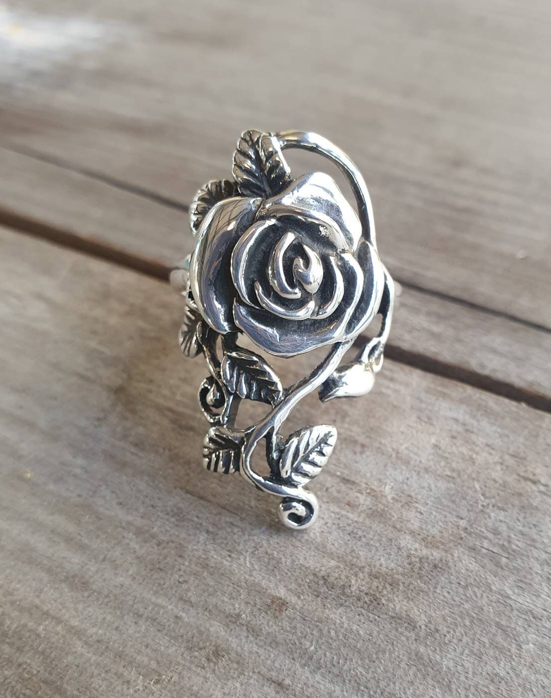 Long rose ring ,sterling silver, alternative,steampunk,gothic, art nouveau,Victorian,hand made,flower,goddess,boho gypsy,organic,Rose tattoo