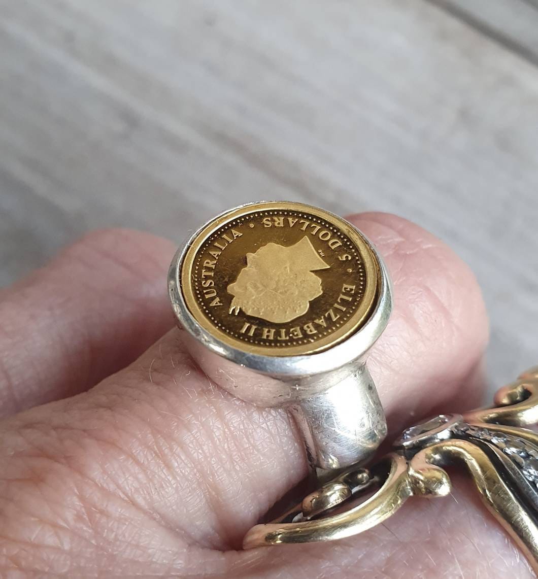 Coin ring,1/20 onze gold coin 2022 ,kangaroo,Perth mint,sterling silver ring,boho,handmade, retro ring,modern,