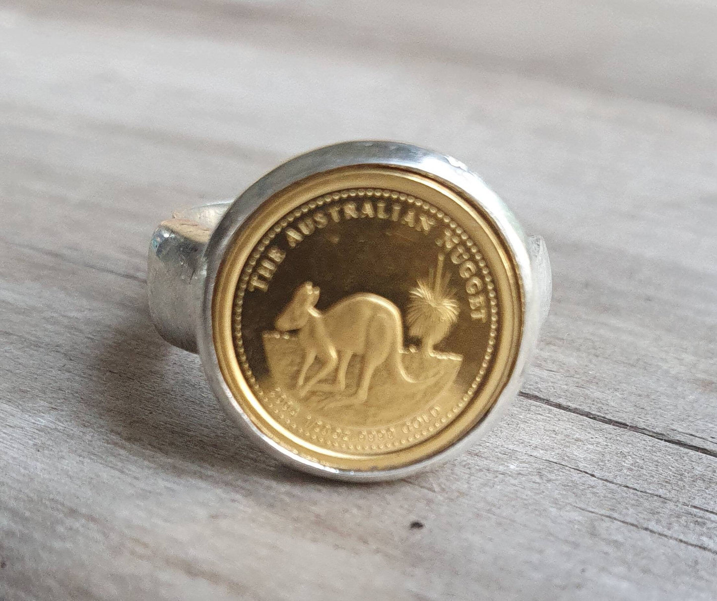 Coin ring,1/20 onze gold coin 2022 ,kangaroo,Perth mint,sterling silver ring,boho,handmade, retro ring,modern,