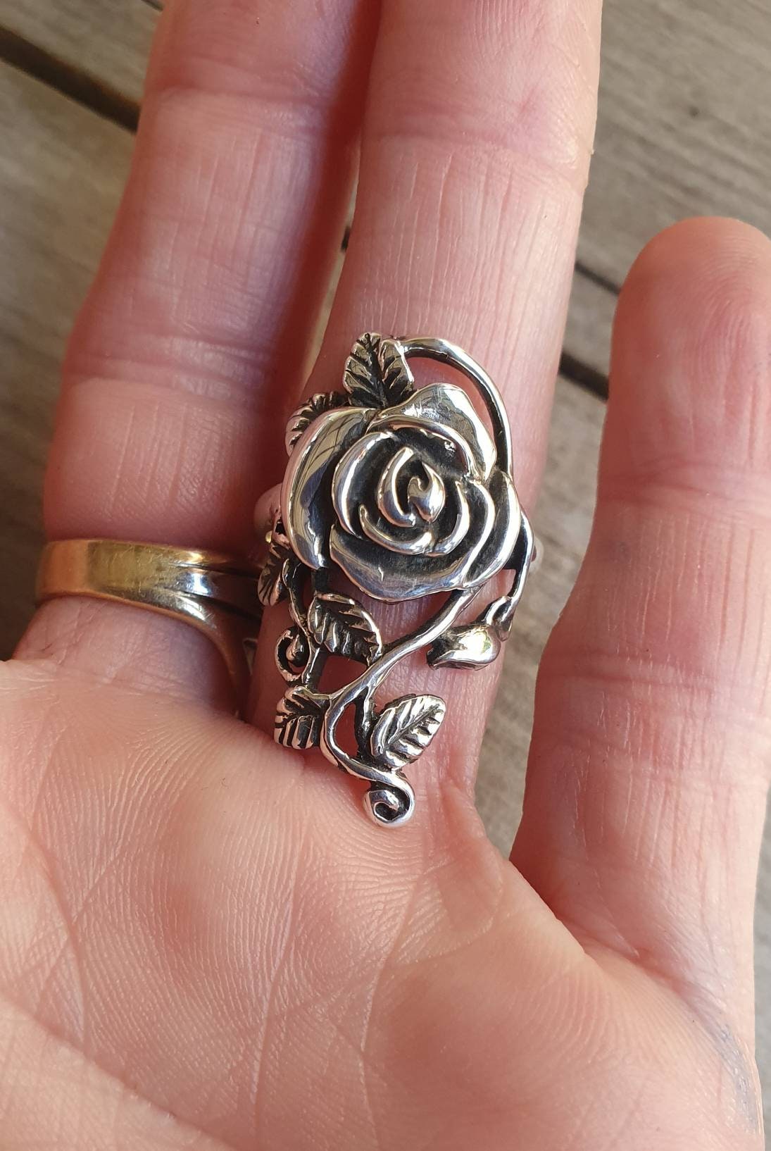 Long rose ring ,sterling silver, alternative,steampunk,gothic, art nouveau,Victorian,hand made,flower,goddess,boho gypsy,organic,Rose tattoo