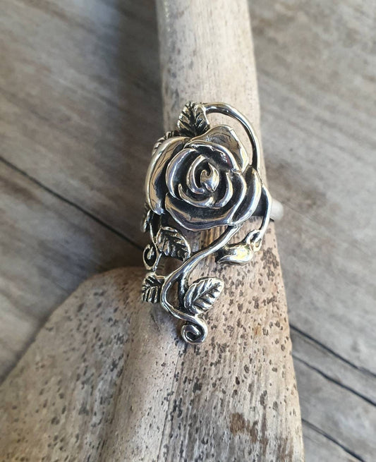 Long rose ring ,sterling silver, alternative,steampunk,gothic, art nouveau,Victorian,hand made,flower,goddess,boho gypsy,organic,Rose tattoo