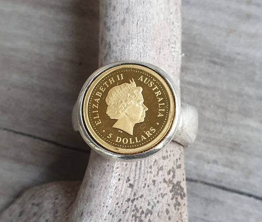 Coin ring,1/20 onze gold coin 2022 ,kangaroo,Perth mint,sterling silver ring,boho,handmade, retro ring,modern,