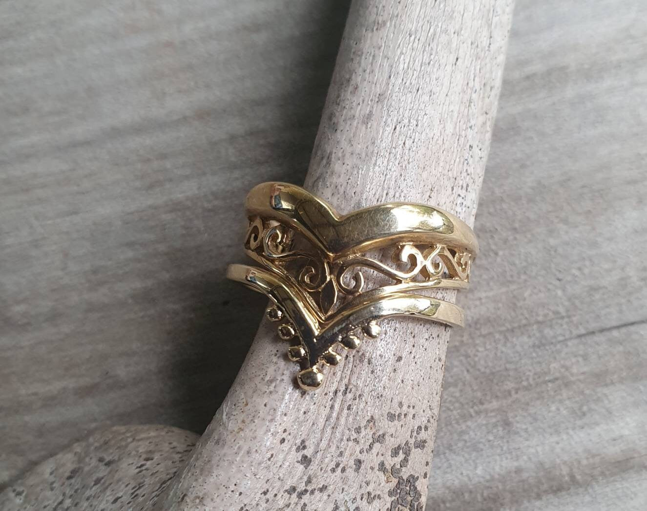 Gold chevron filegree ring,2 piece set,solid 9ct/9k gold,scroll,v ring,art nouveau, victorian,handmade,designer,boho,gypsy,wishbone,