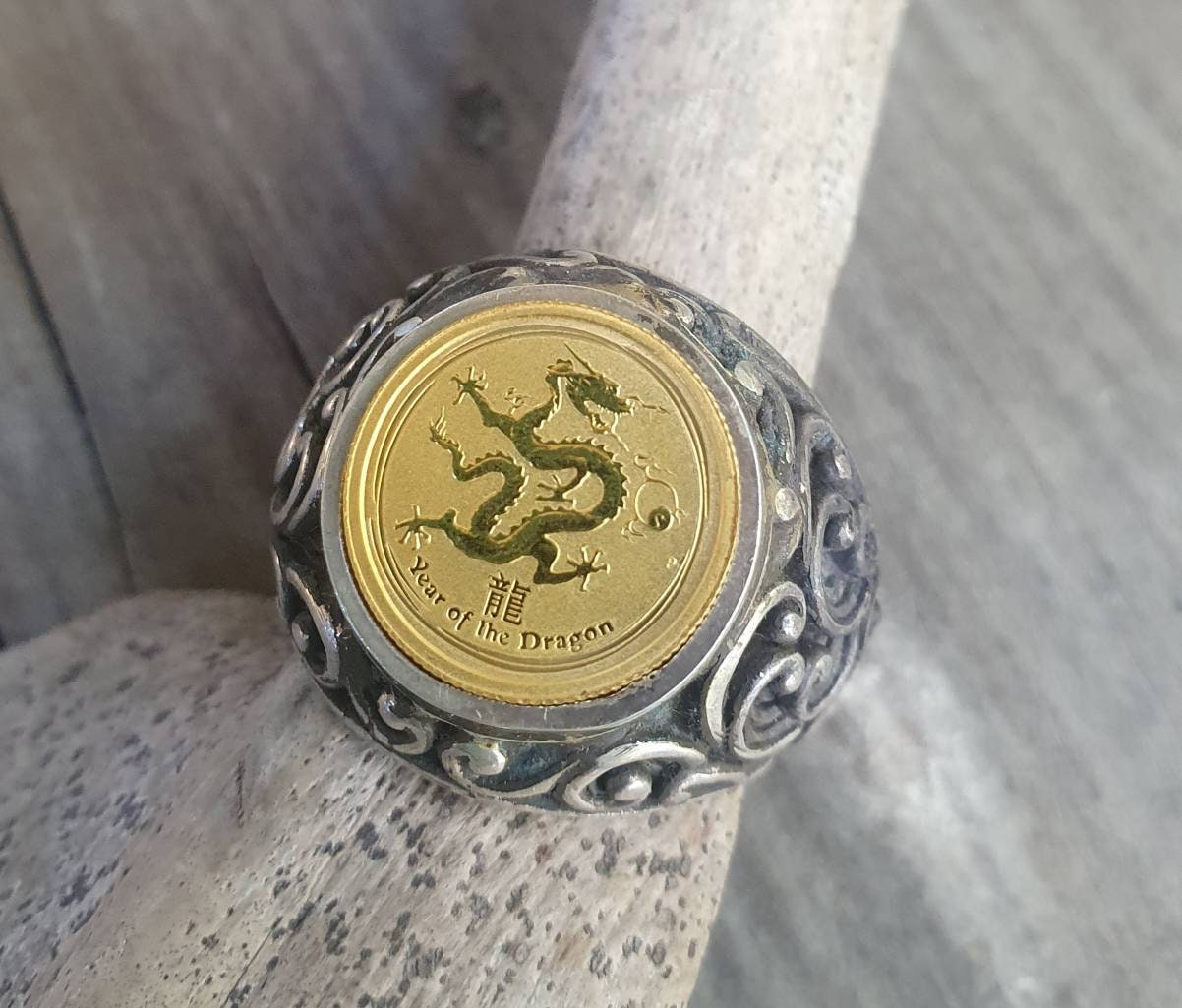 Coin ring,1/20 onze gold coin 2012 ,year of the dragon ,Perth mint, set in sterling silver chunky ring,boho,handmade, retro ring,modern,