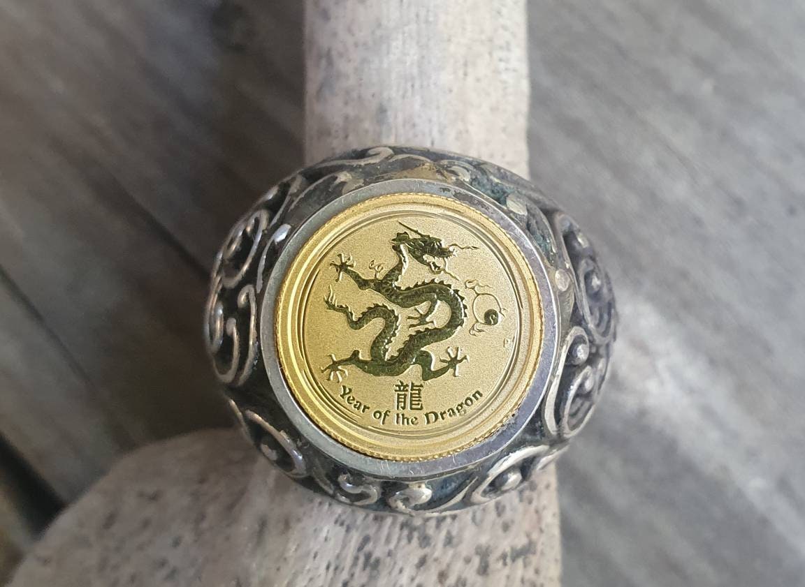 Coin ring,1/20 onze gold coin 2012 ,year of the dragon ,Perth mint, set in sterling silver chunky ring,boho,handmade, retro ring,modern,