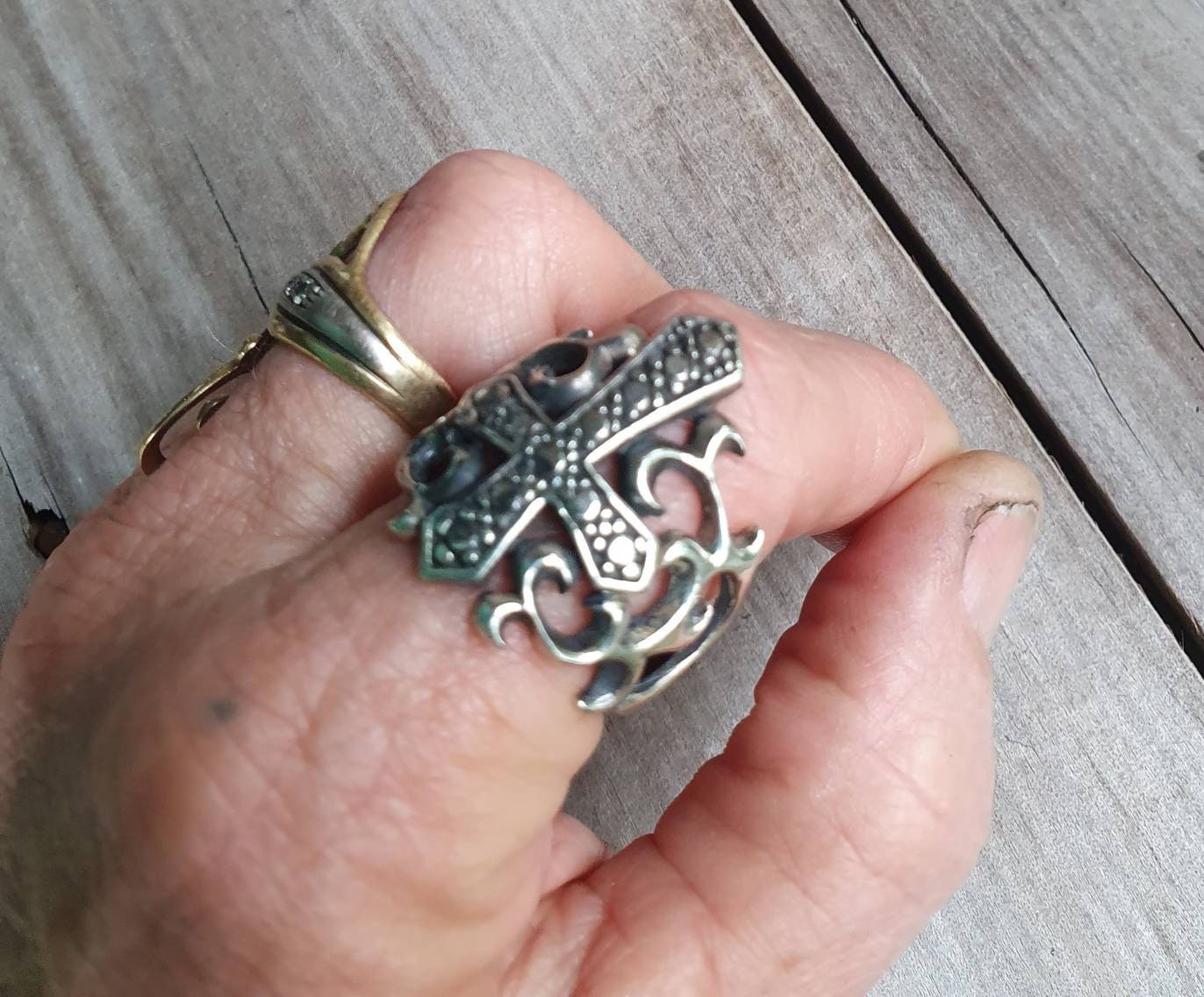 Large cross ring,sterling silver, ornate, filegree,handmade, steampunk,gothic, wedding,dress ring,religious,Christian,god,maori koru