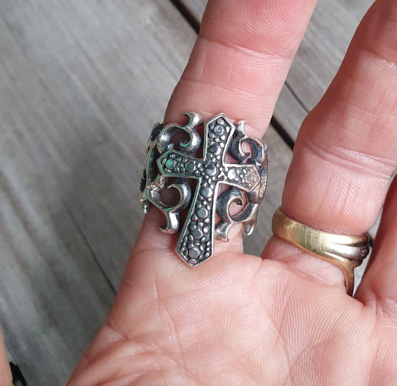 Large cross ring,sterling silver, ornate, filegree,handmade, steampunk,gothic, wedding,dress ring,religious,Christian,god,maori koru