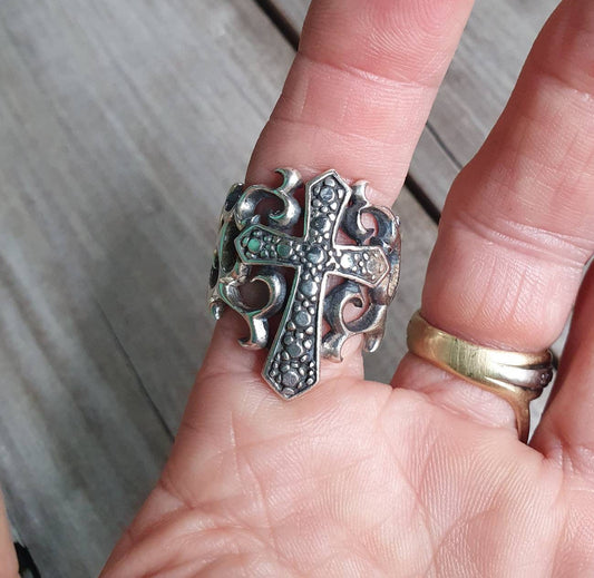 Large cross ring,sterling silver, ornate, filegree,handmade, steampunk,gothic, wedding,dress ring,religious,Christian,god,maori koru